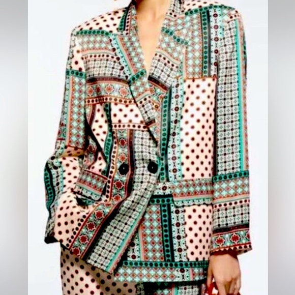 New Zara Multicolourer Satin Patchwork Print Flowing Blazer - Picture 12 of 17